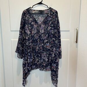 Lane Bryant Womens Navy Floral Print Sheer Long Sleeve Tunic Top 18 20 Boho